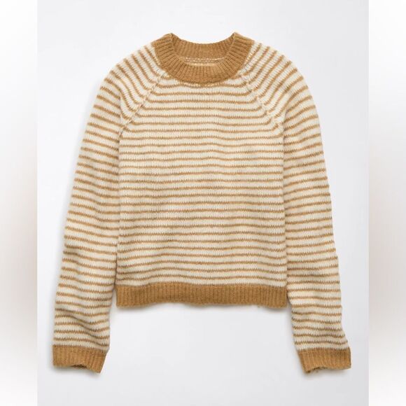 AE M & XL Festive Feels White Tan Stripe Super Soft Crew Sweater - Picture 3 of 16